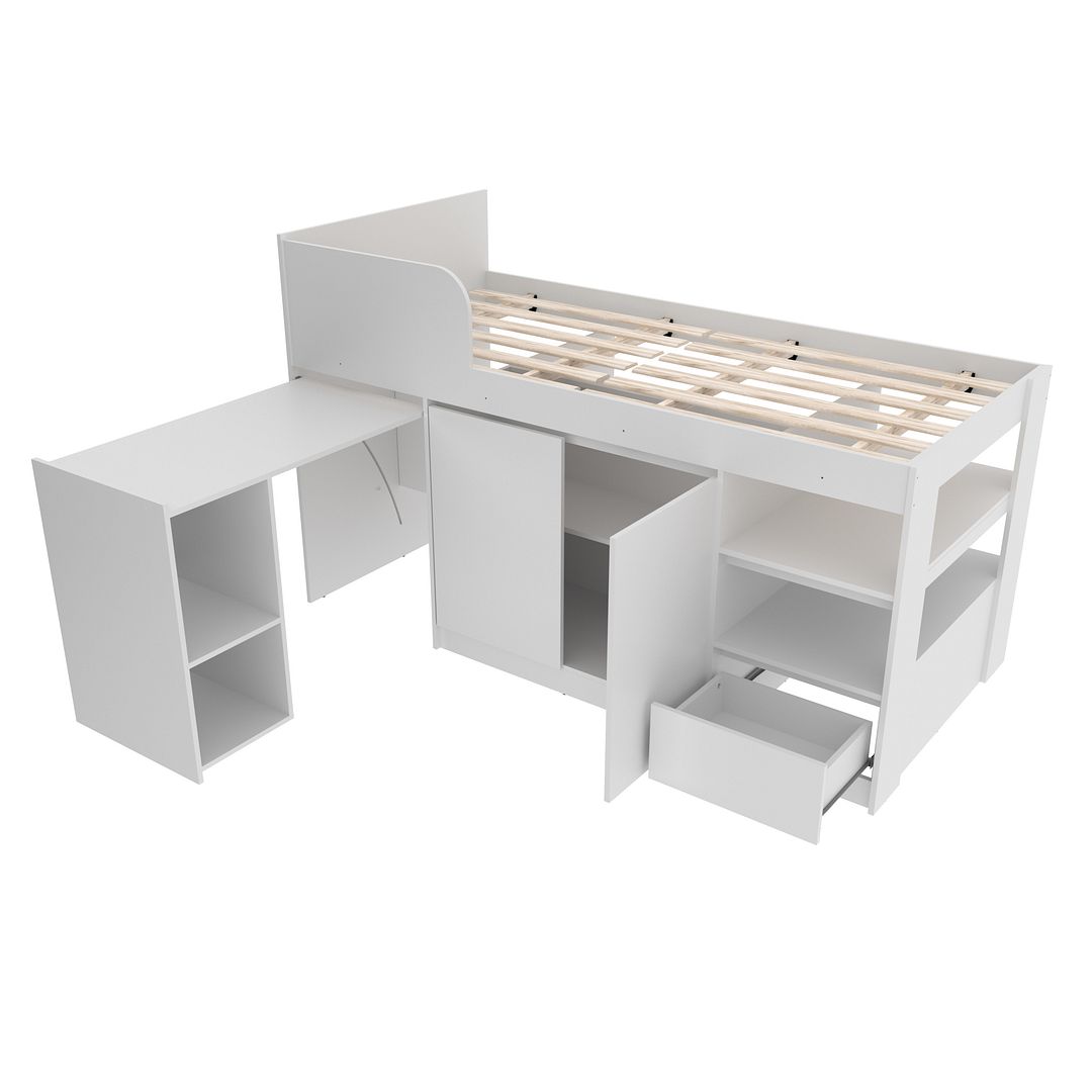 Cama Alta Multifuncional Infantil com Escrivaninha Gaveta e Armários MDP Branco Até 130kg Tecnomobili