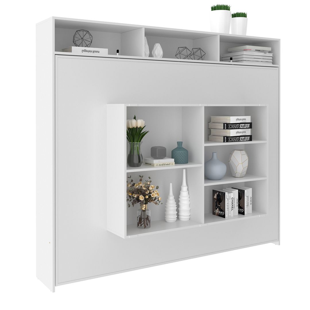 Cama Articulada Horizontal Casal de Parede com Nichos e Prateleiras MDP Branco Até 240kg Tecnomobili