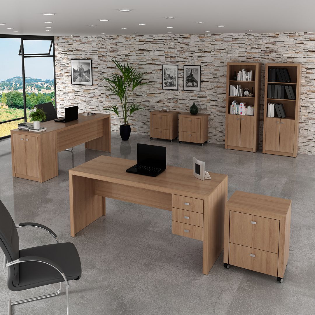 Conjunto de Escritório com Balcão, 2 Armários Altos, 3 Gaveteiros e 2 Mesas com 3 Gavetas MDP Amêndoa Tecnomobili