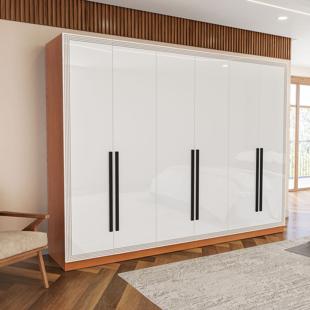 Guarda-Roupa 6 Portas 4 Gavetas 242cm Com Detalhes Usinados E Corrediça Telescópica Em Mdp/mdf Politorno