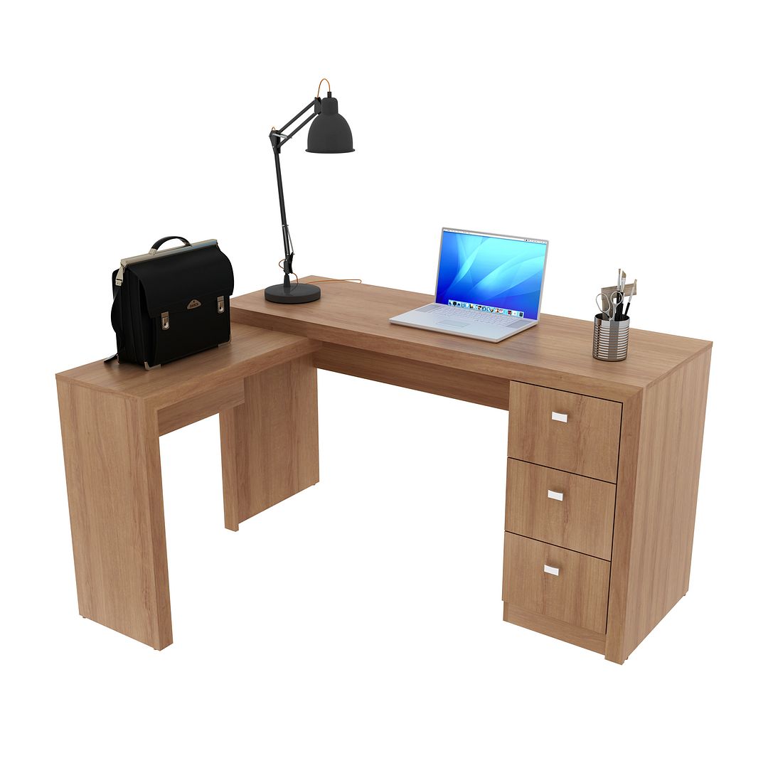 Conjunto de Escritório com 2 Mesas com Apoio Lateral e 3 Gavetas MDP Amêndoa Tecnomobili