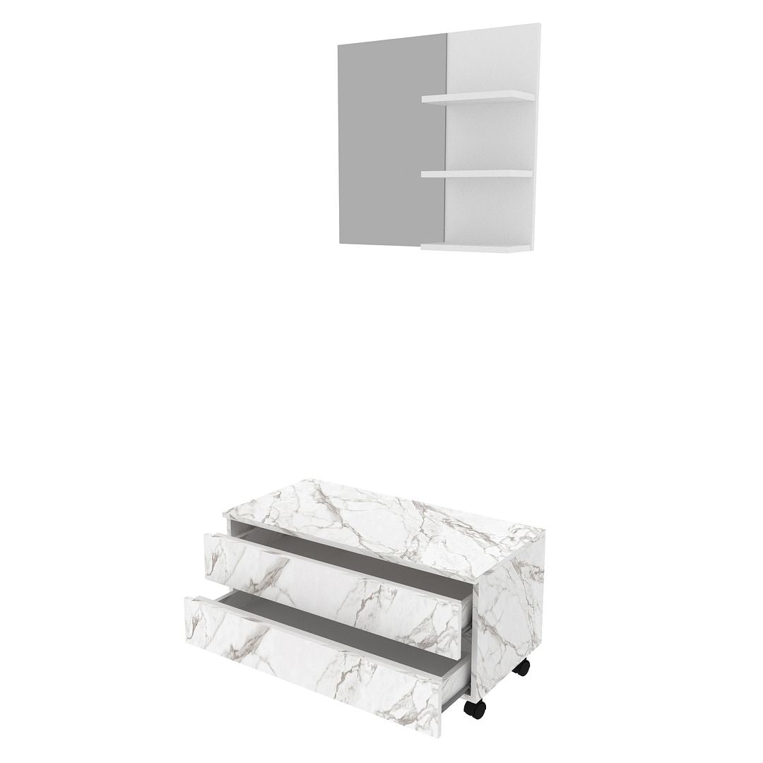 Conjunto de Banheiro com Balcão Gabinete com 2 Gavetas e Espelho Suspenso 60cm com 3 Prateleiras MDP Branco