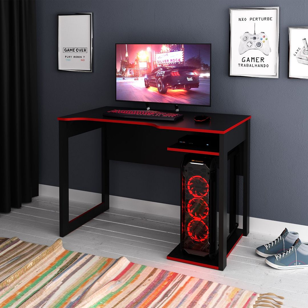Mesa Gamer 105cm com 1 Prateleira e Porta CPU Nicho Aberto MDP Preto/Vermelho Tecnomobili
