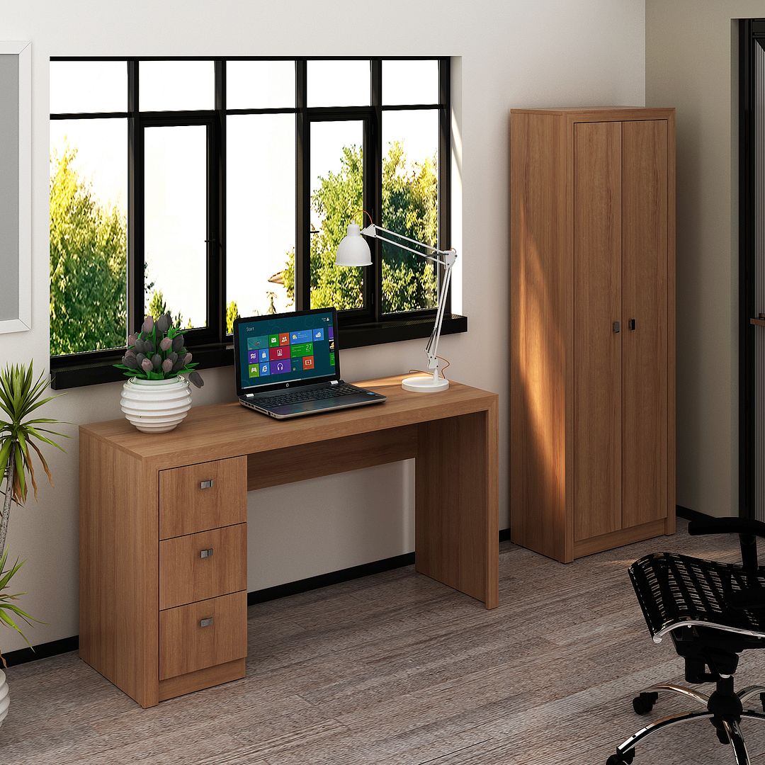 Conjunto de Escritório com Mesa Reta com 3 Gavetas e Armário com 2 Portas 5 Prateleiras MDP Amêndoa Tecnomobili