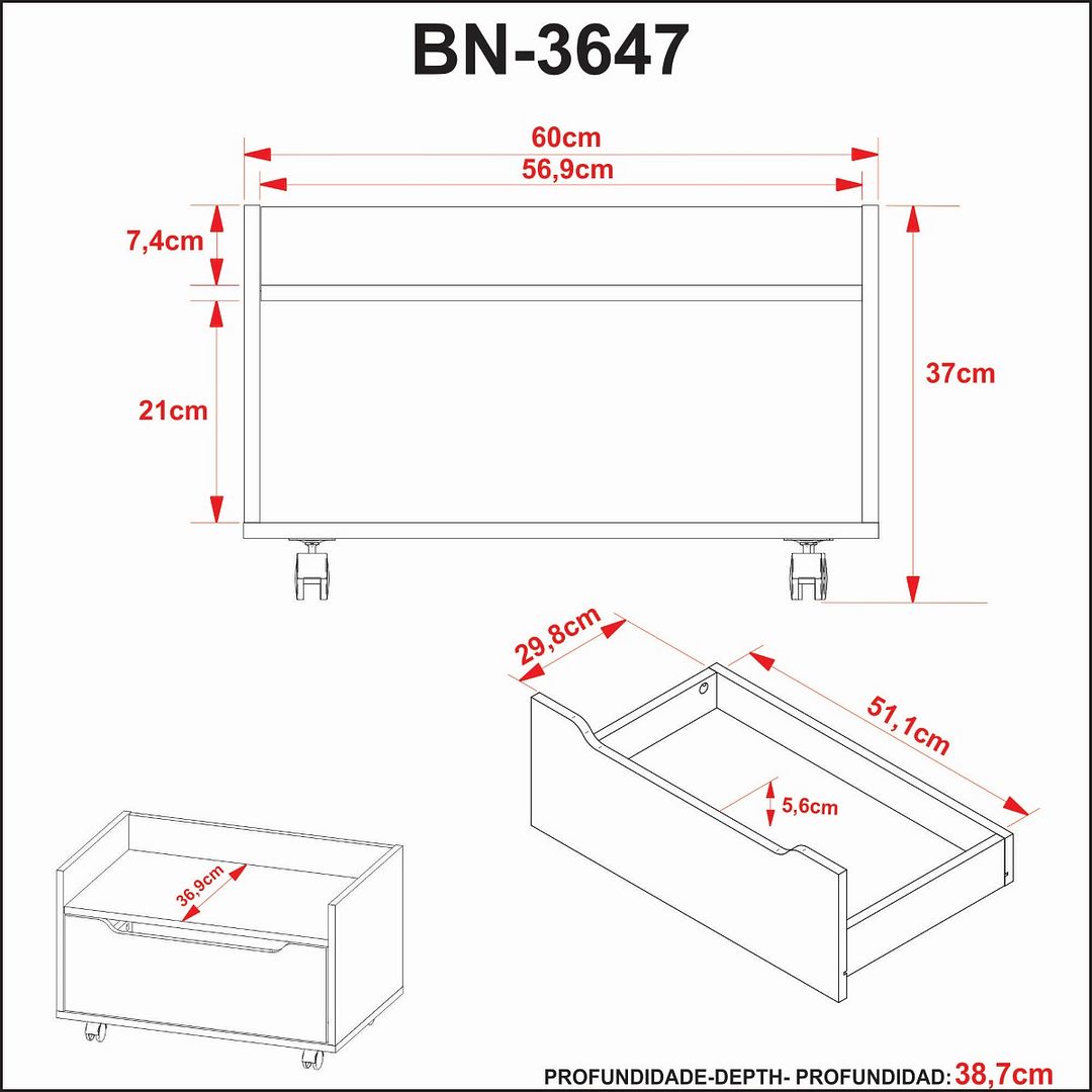 Balcão Gabinete para Banheiro 60cm com 1 Gavetas MDP Amêndoa/Branco com 4 Pés Rodízios Tecnomobili