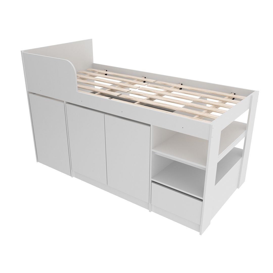 Cama Alta Multifuncional Infantil com Escrivaninha Gaveta e Armários MDP Branco Até 130kg Tecnomobili