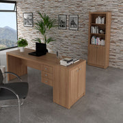 Conjunto de Escritório com Balcão, Armário Alto e Mesa 155cm com 3 Gavetas Reversível MDP Amêndoa Tecnomobili