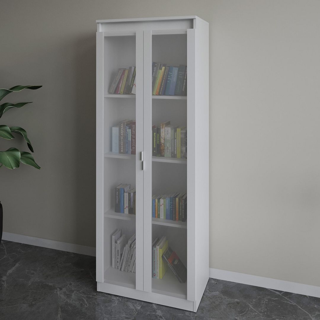 Armário para Escritório com 2 Portas de Vidro e 4 Prateleiras MDP Branco Tecnomobili