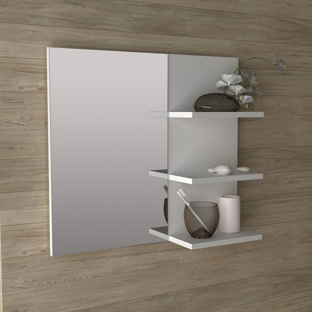Conjunto de Banheiro com Balcão Gabinete com 2 Gavetas e Espelho Suspenso 60cm com 3 Prateleiras MDP Branco