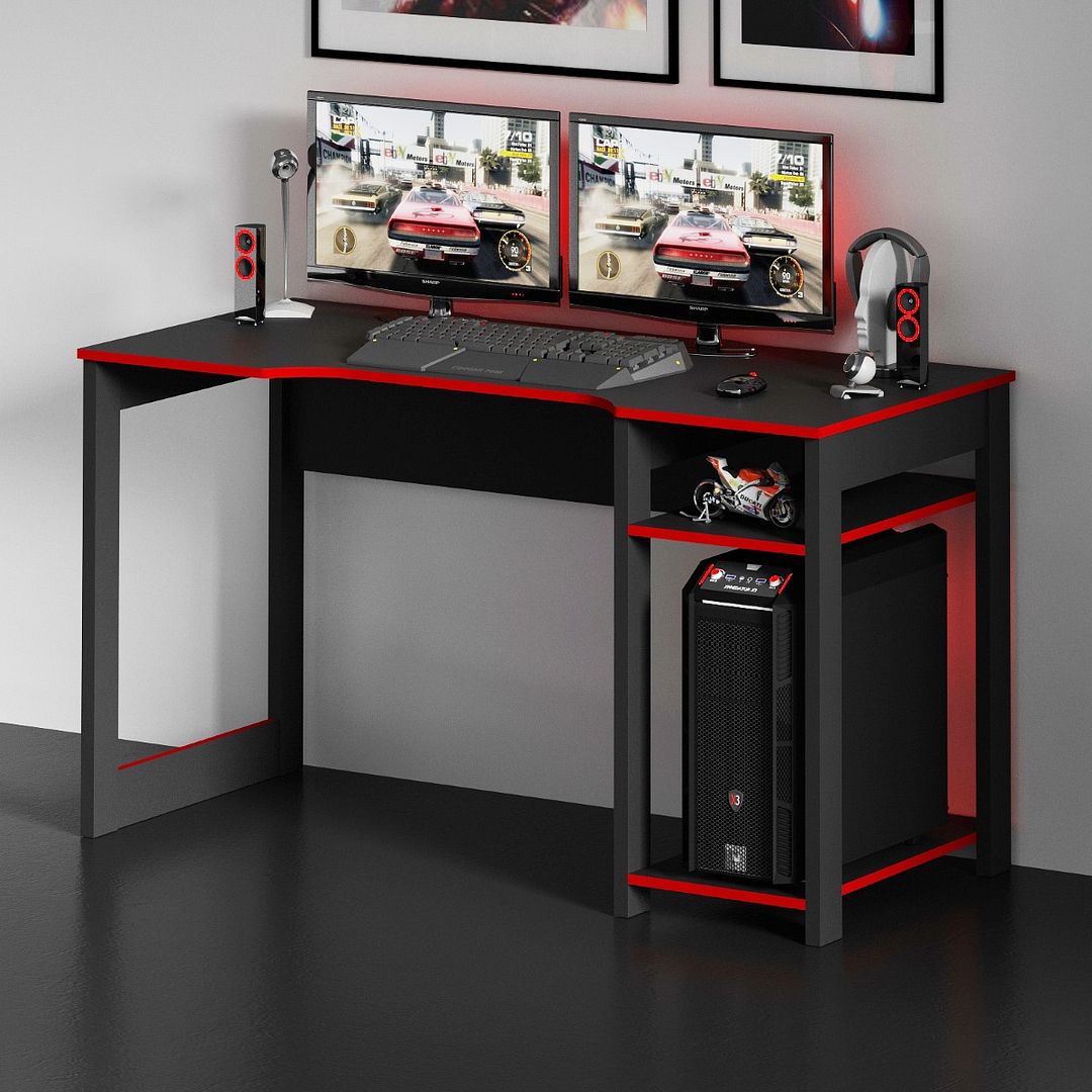 Mesa Gamer 136cm com 2 Prateleiras e Porta CPU Nicho Aberto MDP Preto/Vermelho Tecnomobili