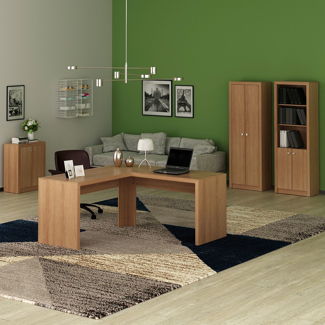 Conjunto de Escritório com Balcão, 2 Armários e Mesa Angular em L 157,3cm MDP Amêndoa Tecnomobili