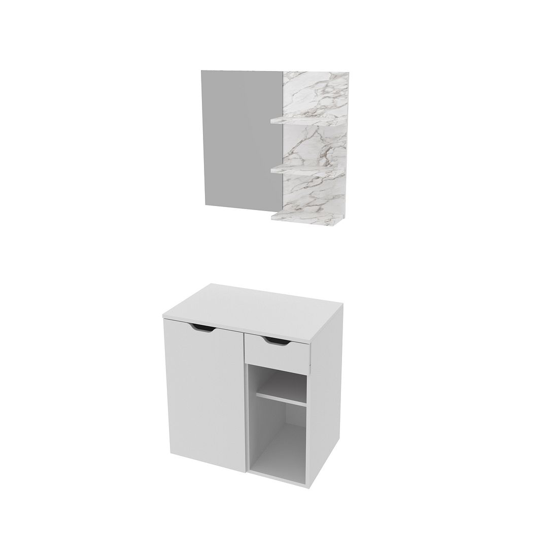 Conjunto de Banheiro com Balcão Gabinete Suspenso 1 Gaveta e Espelho Suspenso 3 Prateleiras MDP Branco Tecnomobili