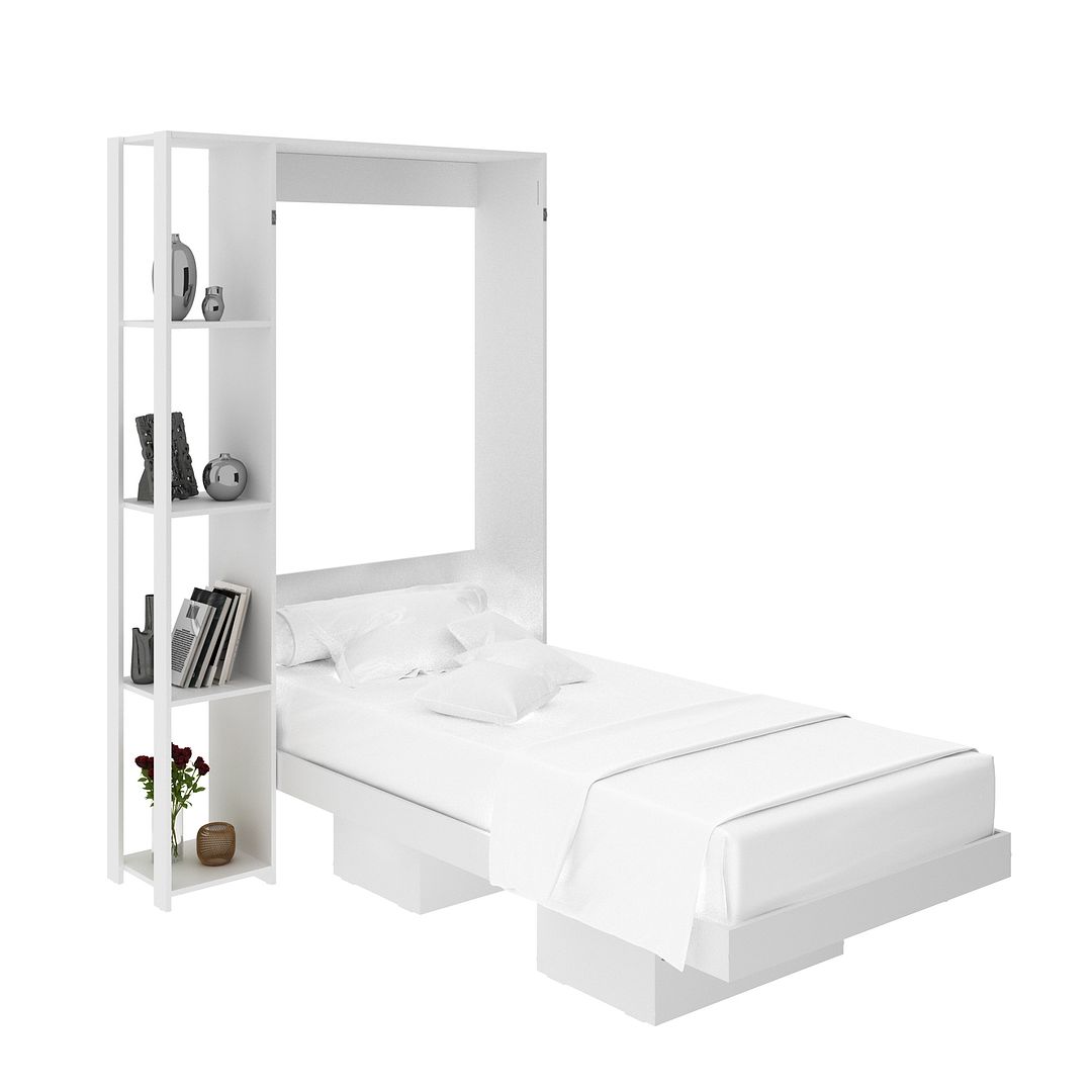 Cama Articulada Vertical Solteiro de Parede com 4 Prateleiras e 2 Nichos MDP Branco Até 110kg Tecnomobili