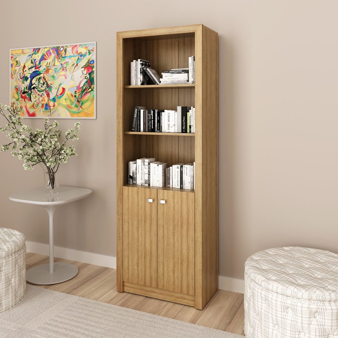 Conjunto de Escritório com 2 Armários 2 Portas 1 Armário com 2 Portas de Vidro e 5 Prateleiras MDP Amêndoa Tecnomobili