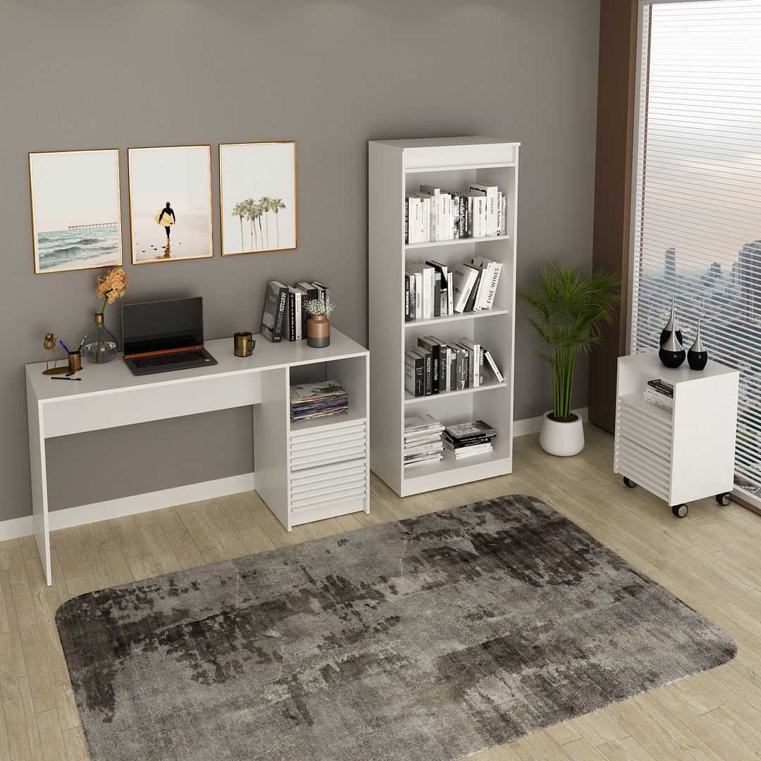 Conjunto de Escritório com Estante 4 Prateleiras, Escrivaninha com 2 Gavetas e Gaveteiro MDP Branco Tecnomobili
