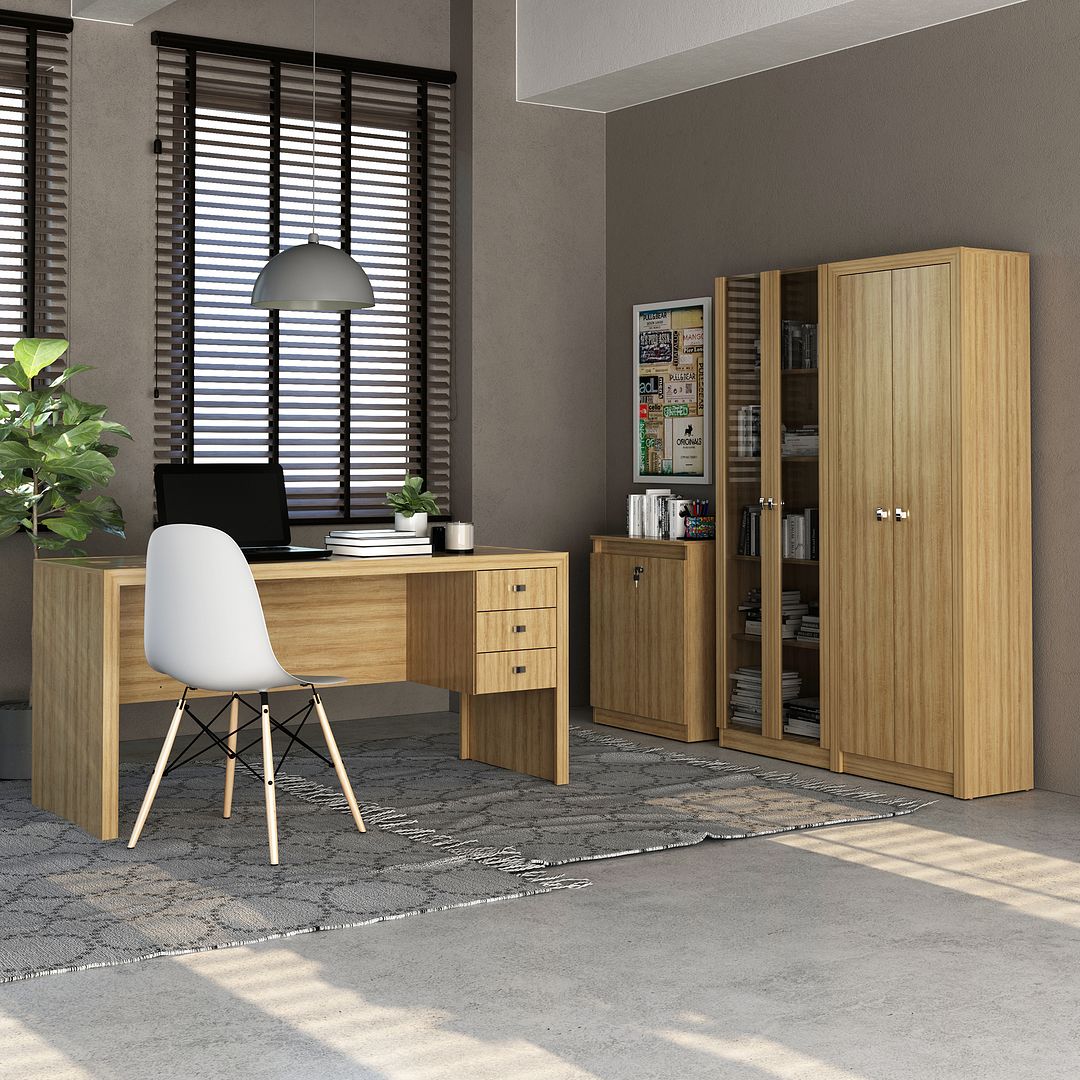Conjunto de Escritório com 2 Armários 2 Portas, Mesa 155cm com 3 Gavetas e Balcão 2 Portas MDP Amêndoa Tecnomobili