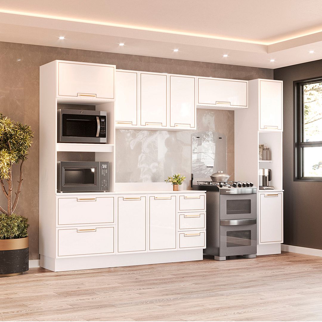 Cozinha Completa 5 Peças 225x310cm Com Torre Quente E Design Moderno Em Mdp/mdf Politorno