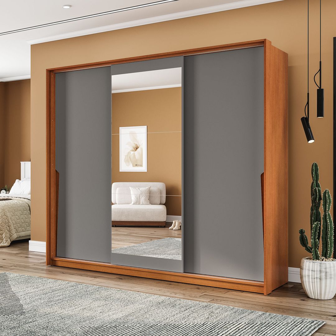 Guarda-Roupa 3 Portas De Correr 4 Gavetas Com Espelho 220cm Em Mdp/mdf Politorno