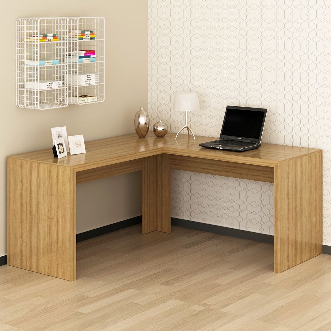 Conjunto de Escritório com Balcão, Estante, Gaveteiro, Armário e Mesa Angular em L 157,3cm MDP Amêndoa Tecnomobili