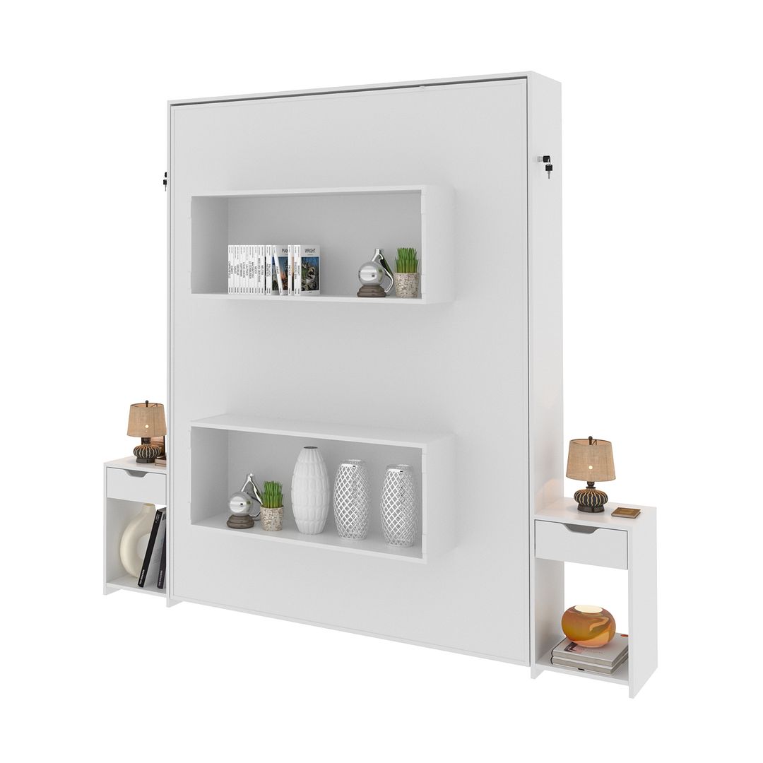 Cama Articulada Vertical Casal de Parede Com 2 Mesas de Cabeceira Nichos e Gavetas MDP Branco Até 240kg Tecnomobili