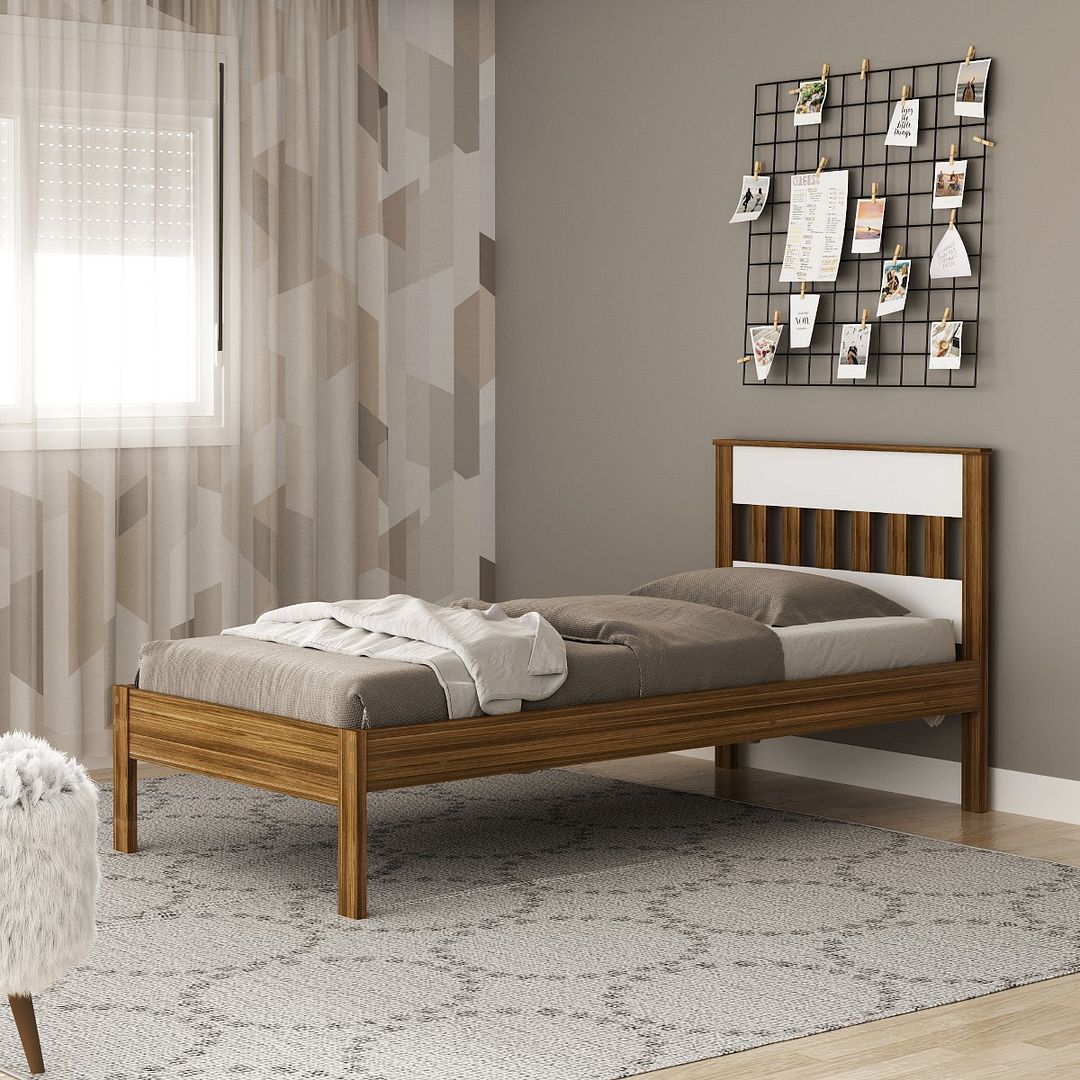 Cama de Solteiro Tradicional Colchão 88cm MDP Nogal/Branco Acabamento UV Até 130kg Tecnomobili