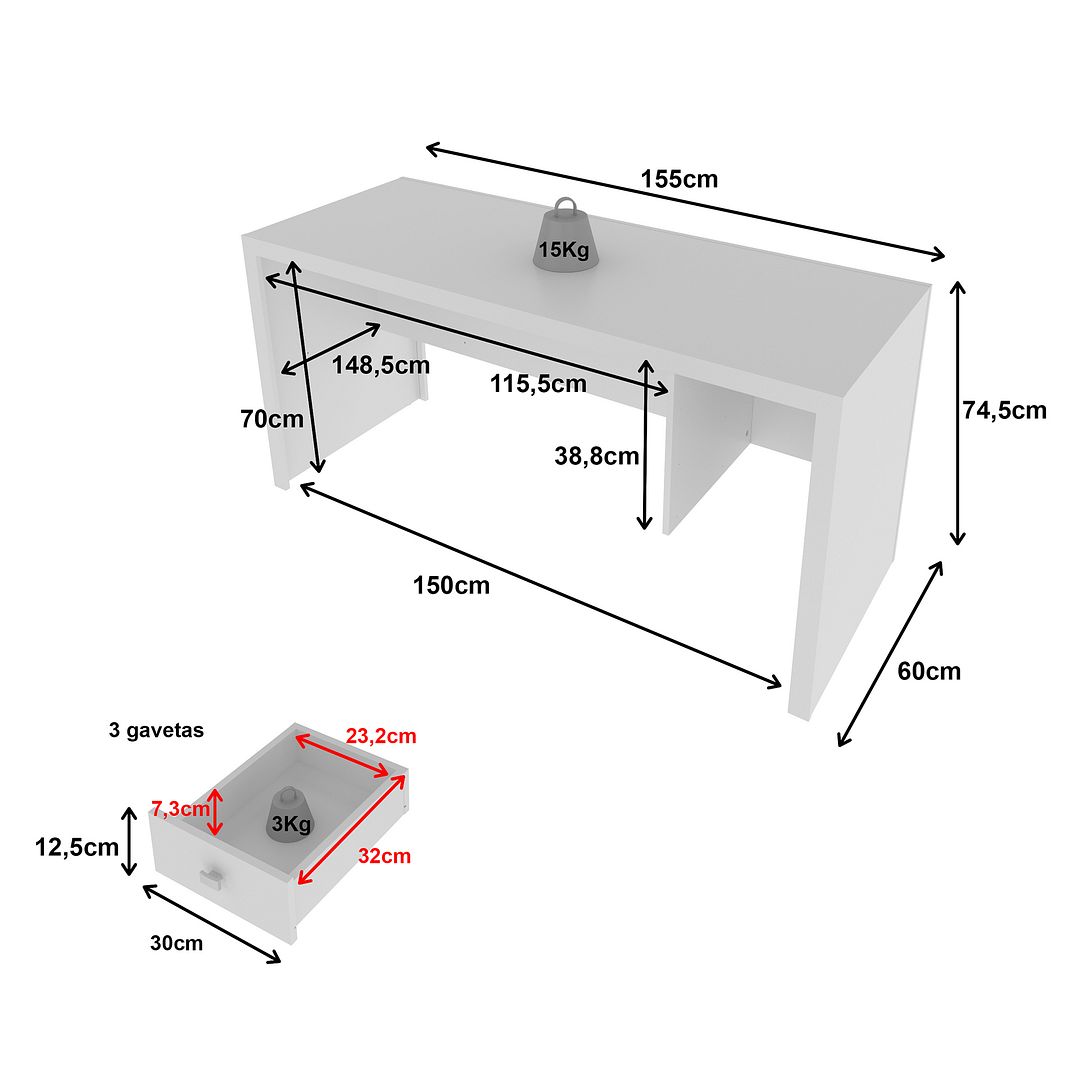 Mesa para Escritório 155cm com 3 Gavetas Reversível MDP Branco Tecnomobili