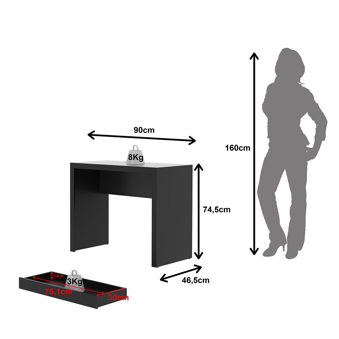 Conjunto de Escritório com Balcão  2 Portas , Estante com 5 Prateleiras e Mesa com 1 Gaveta MDP Preto Tecnomobili