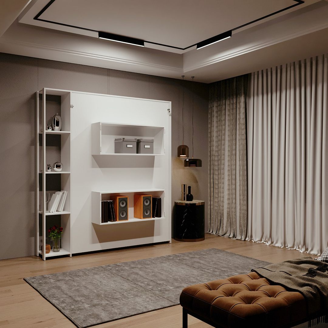 Cama Articulada Vertical Casal de Parede com 4 Prateleiras e 2 Nichos MDP Branco Até 240kg Tecnomobili