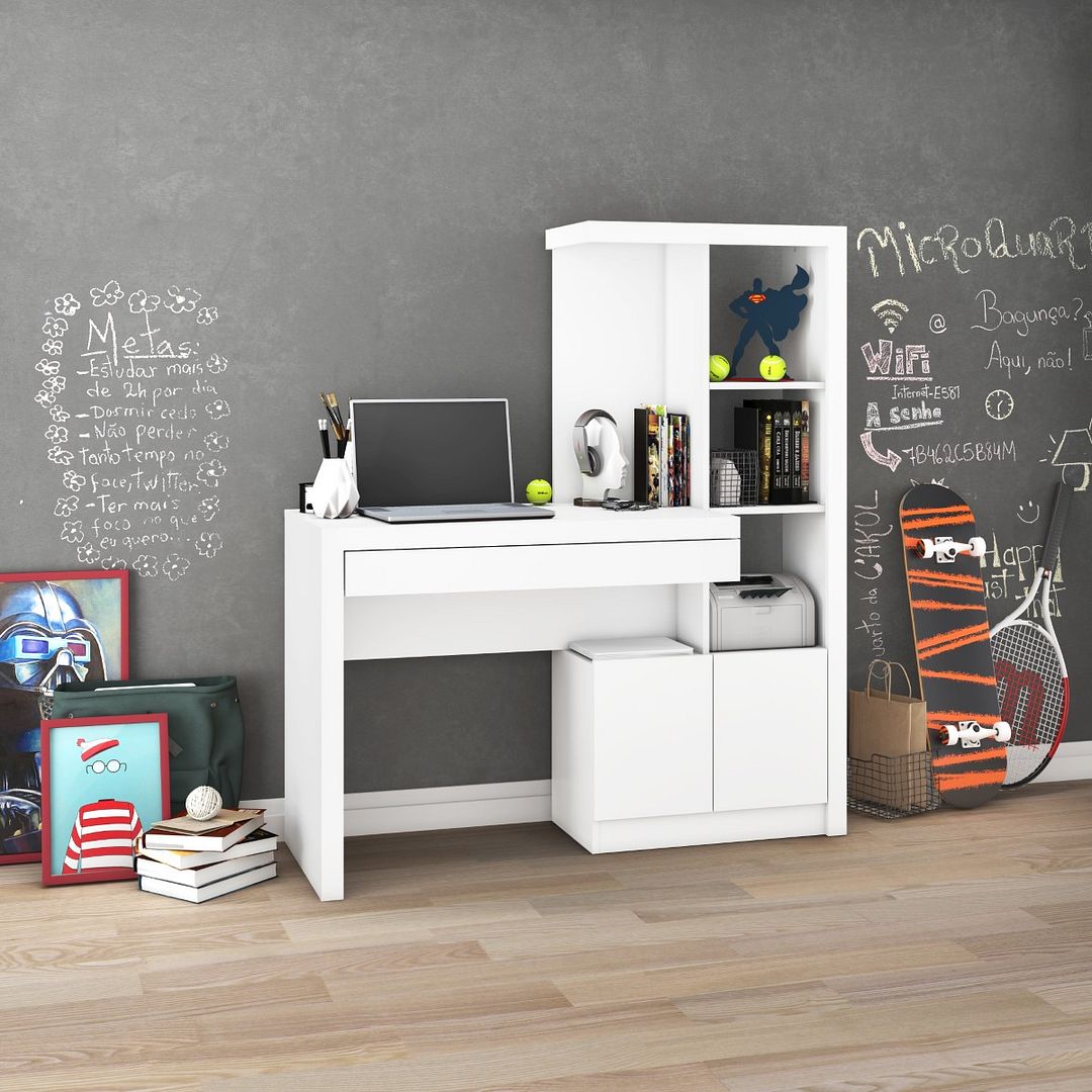 Escrivaninha Estante com 2 Portas e 1 Gaveta Funcional MDP Branco Tecnomobili