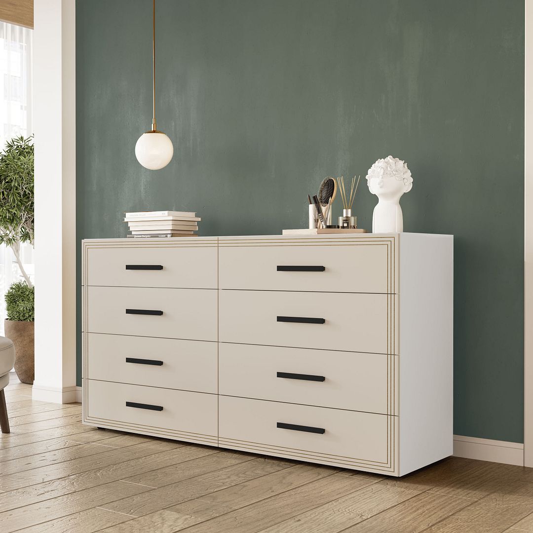 Cômoda 8 Gavetas 150cm Com Detalhes Usinados E Corrediça Telescópica Em Mdp/mdf Politorno