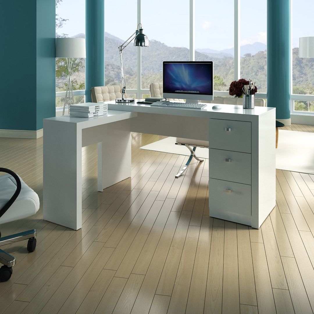 Mesa para Escritório com Apoio Lateral e 3 Gavetas MDP Branco Tecnomobili