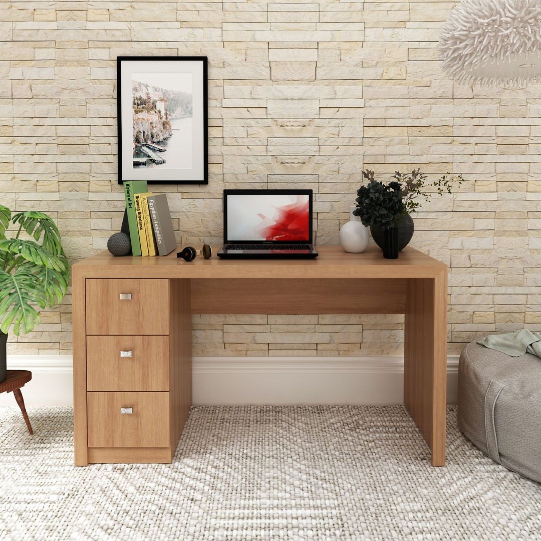 Conjunto de Escritório com Mesa Reta com 3 Gavetas e Armário com 2 Portas 5 Prateleiras MDP Amêndoa Tecnomobili
