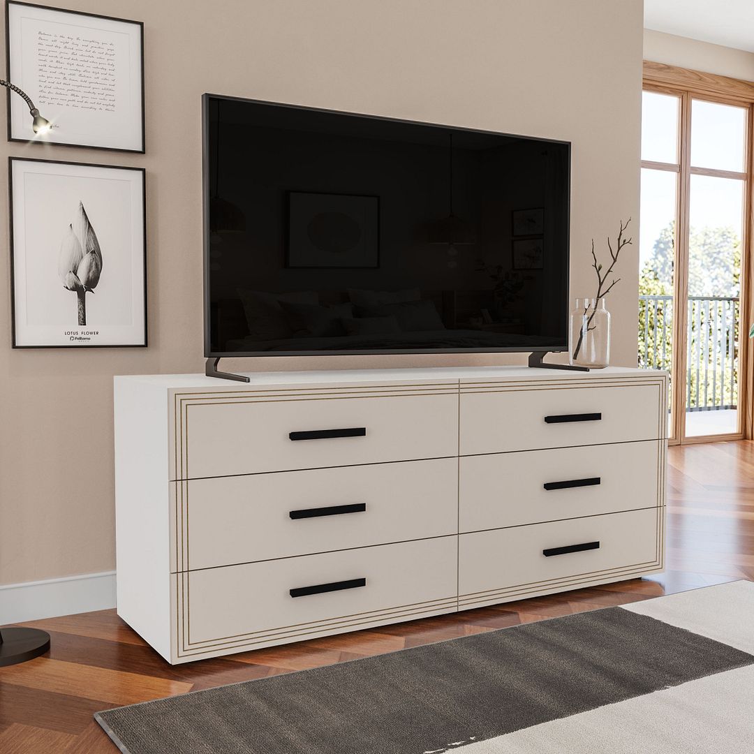 Cômoda 6 Gavetas 150cm Com Detalhes Usinados E Corrediça Telescópica Em Mdp/mdf Politorno