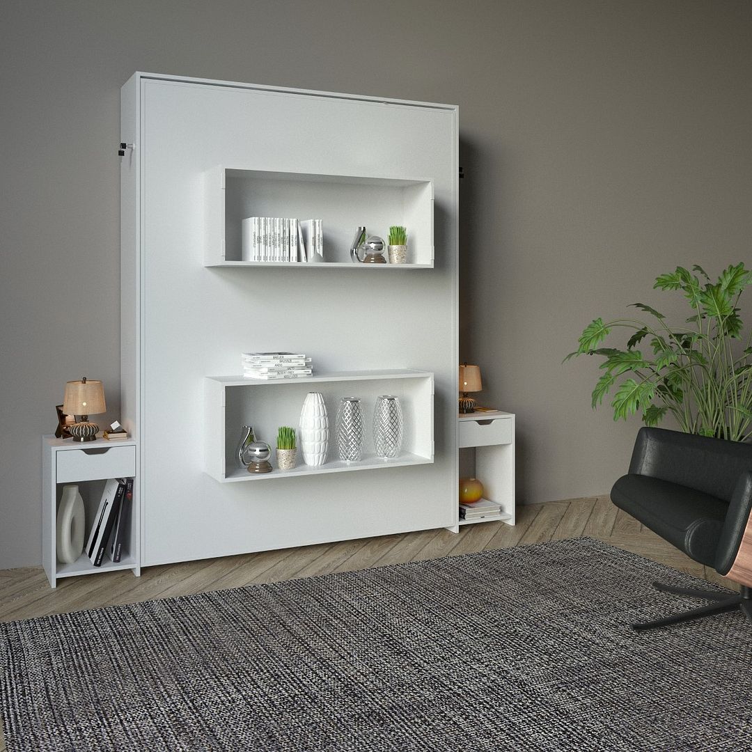 Cama Articulada Vertical Casal de Parede Com 2 Mesas de Cabeceira Nichos e Gavetas MDP Branco Até 240kg Tecnomobili