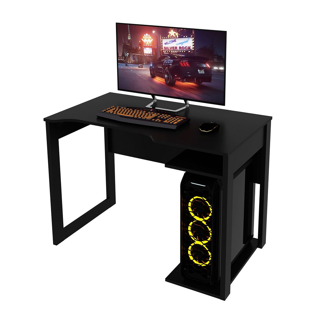 Conjunto de Escritório com Estante e Mesa Gamer 105cm com 1 Prateleira e Porta CPU Nicho Aberto MDP Preto Tecnomobili
