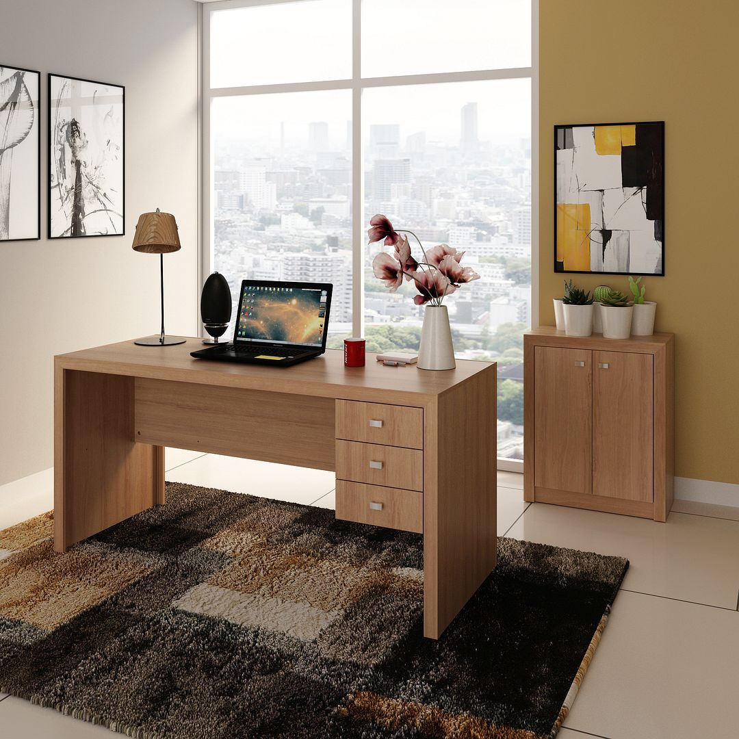 Conjunto de Escritório com Balcão 2 Portas e Mesa 155cm com 3 Gavetas Reversível MDP Amêndoa Tecnomobili