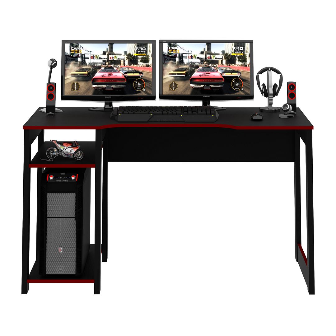 Mesa Gamer 136cm com 2 Prateleiras e Porta CPU Nicho Aberto MDP Preto/Vermelho Tecnomobili