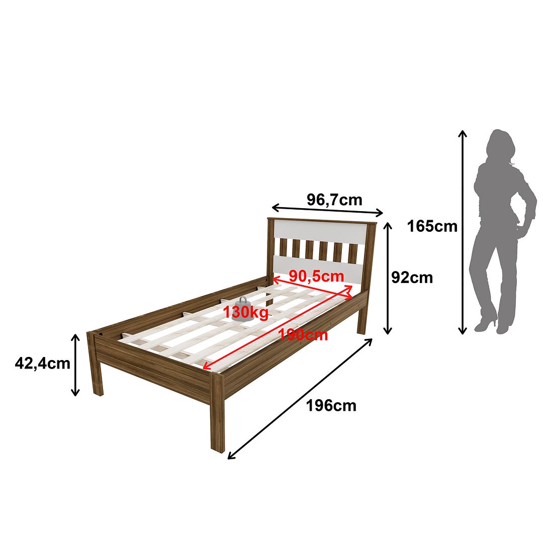 Cama de Solteiro Tradicional Colchão 88cm MDP Nogal/Branco Acabamento UV Até 130kg Tecnomobili