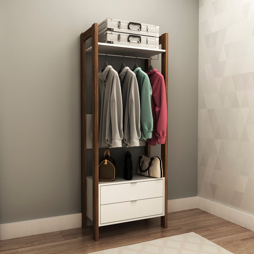 Armário Closet com 2 Gavetas Cabideiro e 1 Prateleira MDP Branco/Nogal Tecnomobili