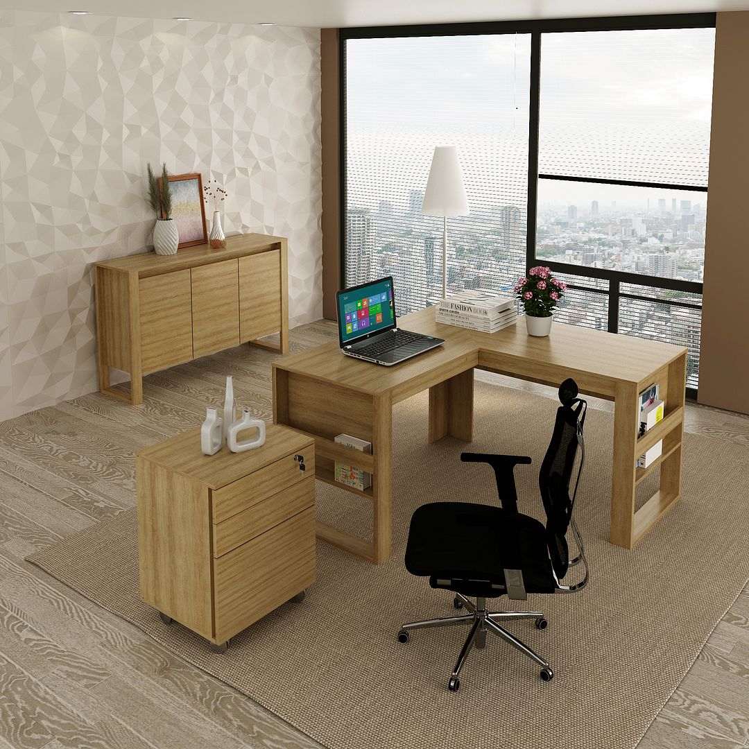 Conjunto de Escritório com Mesa em L, Balcão 136cm com 3 Portas e Gaveteiro Escritório MDP Amêndoa Tecnomobili