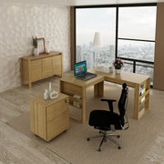 Conjunto de Escritório com Mesa em L, Balcão 136cm com 3 Portas e Gaveteiro Escritório MDP Amêndoa Tecnomobili