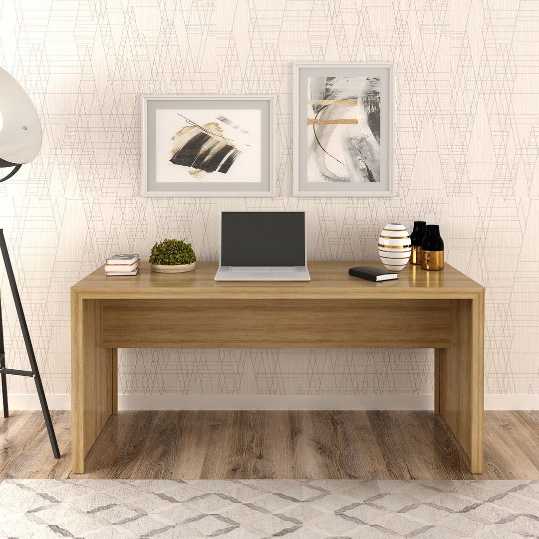 Conjunto de Escritório com Balcão, Estante, Gaveteiro, Mesa 163cm e Balcão com 3 portas MDP Amêndoa Tecnomobili