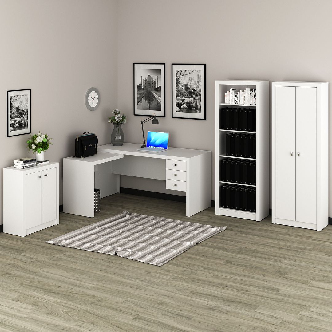 Conjunto de Escritório com Balcão, Estante 5 Prateleiras, Armário 2 Portas e Mesa 3 Gavetas MDP Branco Tecnomobili