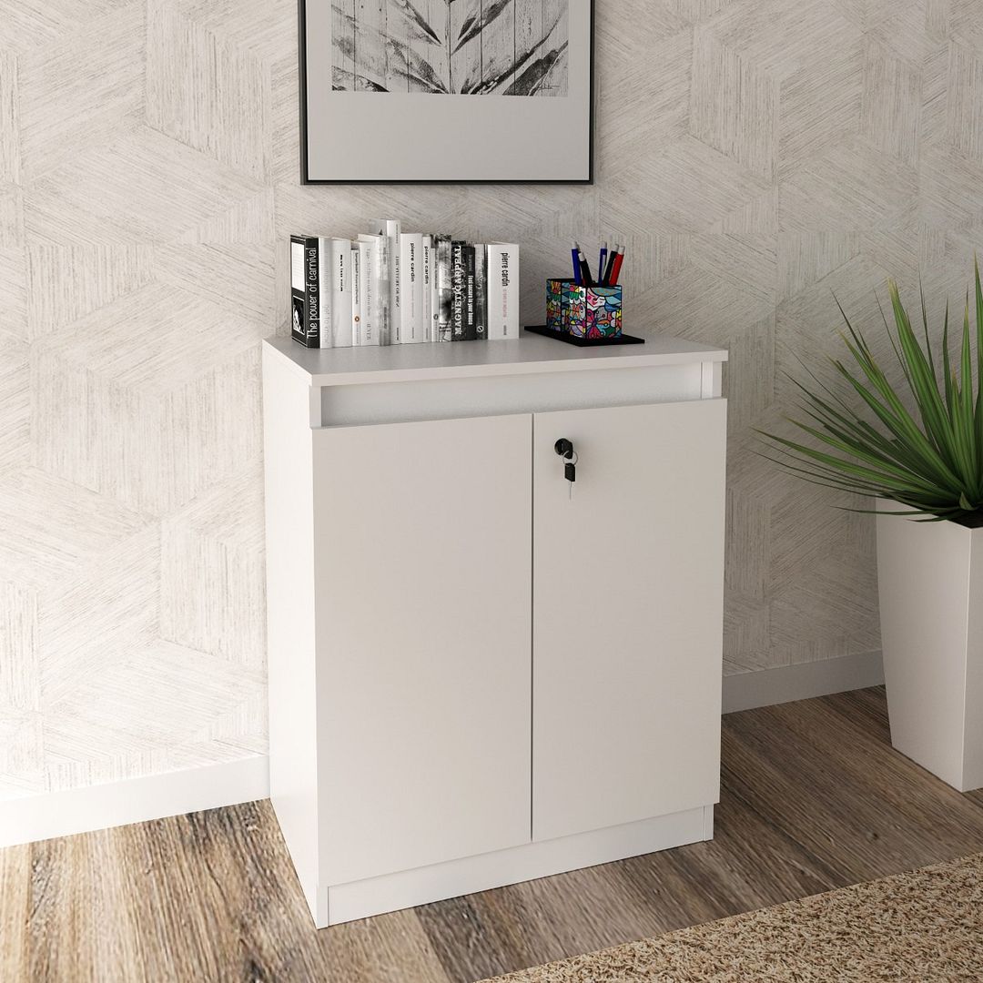 Conjunto de Escritório com Mesa em L, Balcão 3 portas, 2 Gaveteiros e 2 Balcões 60cm 2 Portas MDP Branco Tecnomobili