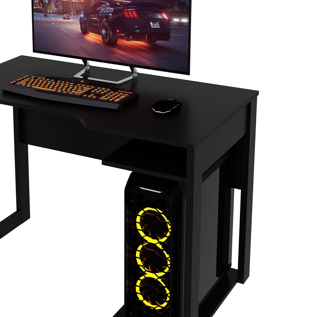 Conjunto de Escritório com Estante e Mesa Gamer 105cm com 1 Prateleira e Porta CPU Nicho Aberto MDP Preto Tecnomobili