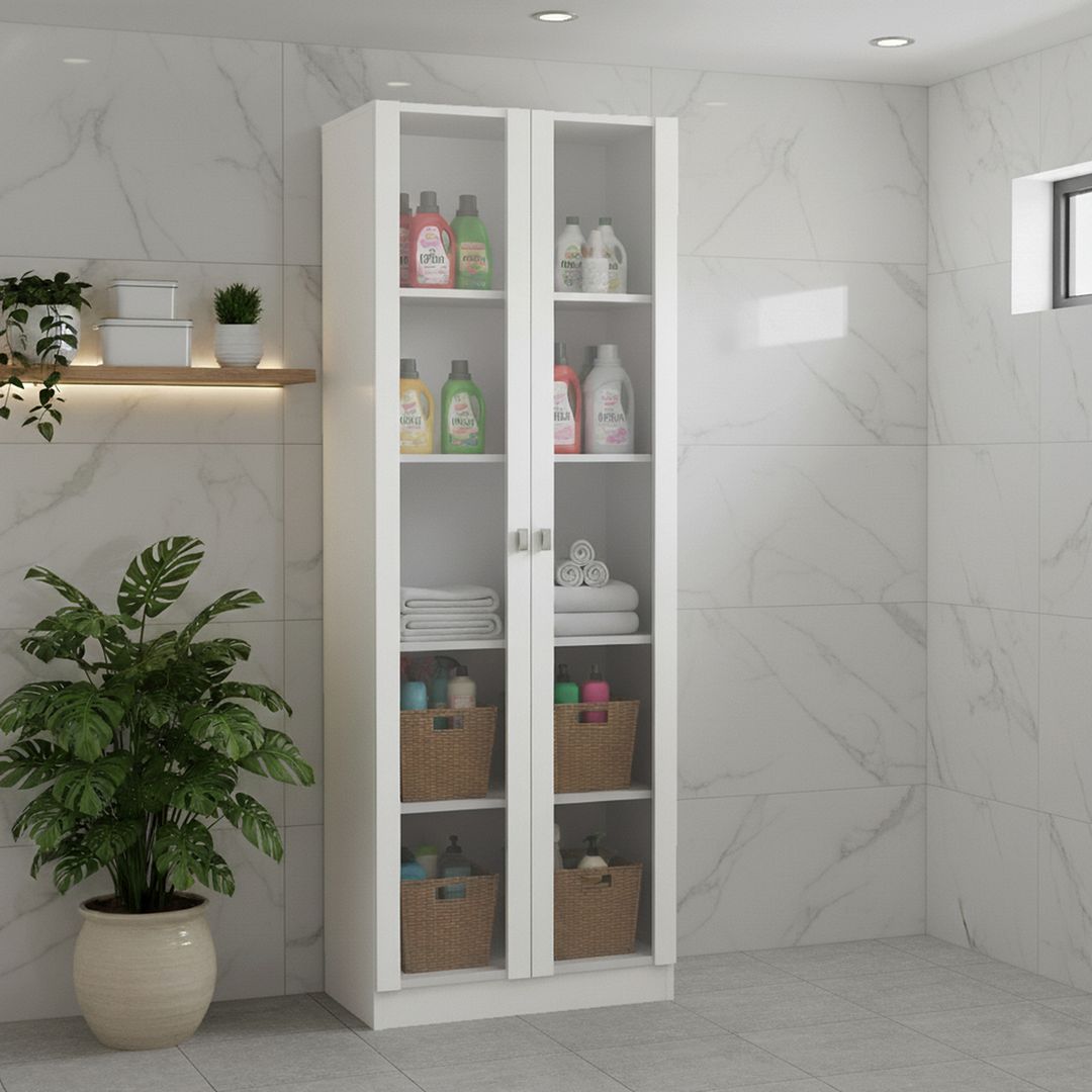 Armário Multiuso com 2 Portas de Vidro e 5 Prateleiras MDP Branco Tecnomobili
