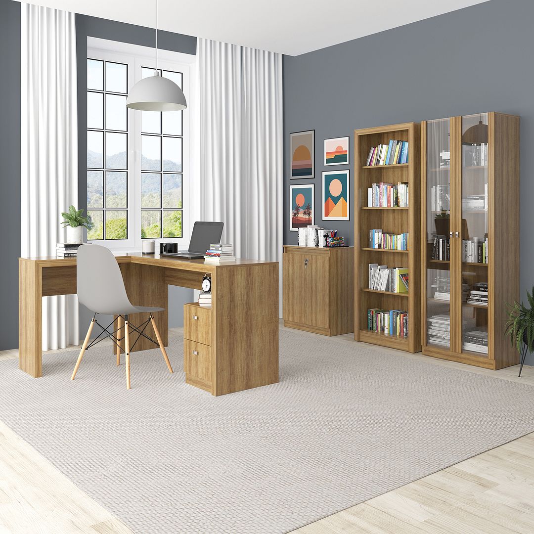 Conjunto de Escritório com Estante, Armário, Mesa 138,5cm Formato em L e Balcão  2 Portas MDP Amêndoa Tecnomobili