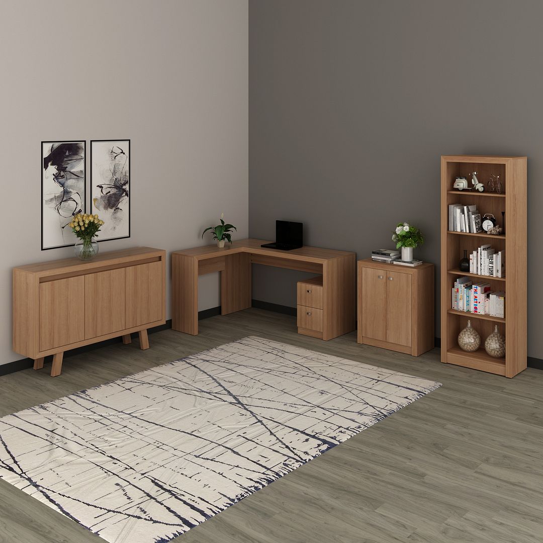 Conjunto de Escritório com Mesa em L com 2 Gavetas, Estante, Balcão 2 Portas e Balcão 3 Portas MDP Amêndoa Tecnomobili