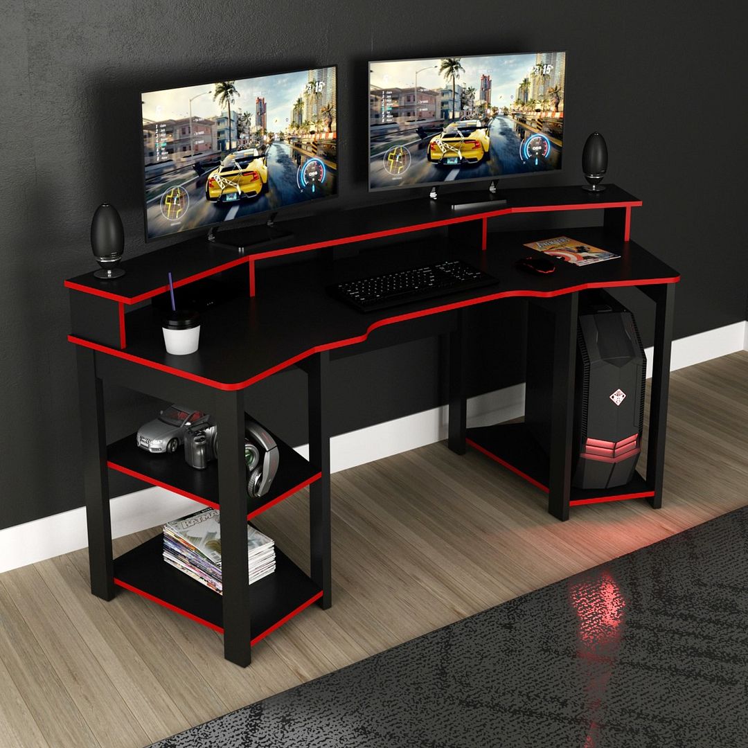 Mesa Gamer Cockpit Para 2 Monitores Porta CPU com Nicho Aberto MDP Preto/Vermelho Tecnomobili
