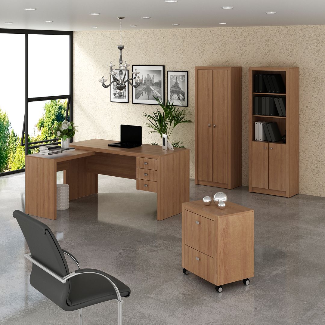 Conjunto de Escritório com 2 Armários, Mesa com Apoio Lateral 3 Gavetas e Gaveteiro MDP Amêndoa Tecnomobili